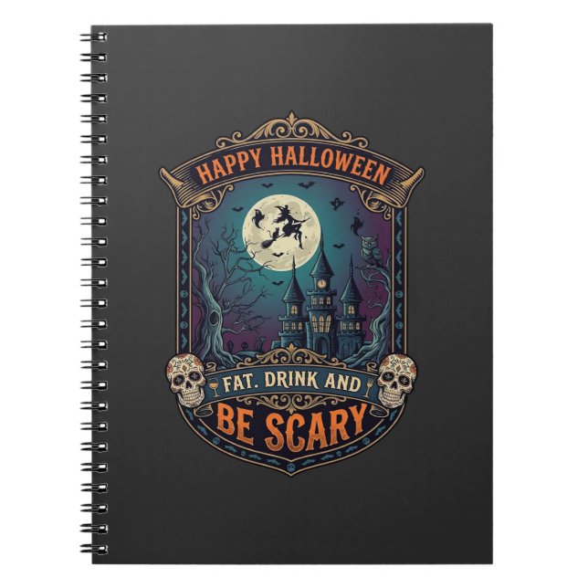 Carnet Joyeux Halloween Sorcière Château Crânes Gras Boir (Devant)