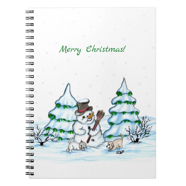 Carnet Joyeux Noël ! Bonhomme de neige avec chat et chiot (Devant)