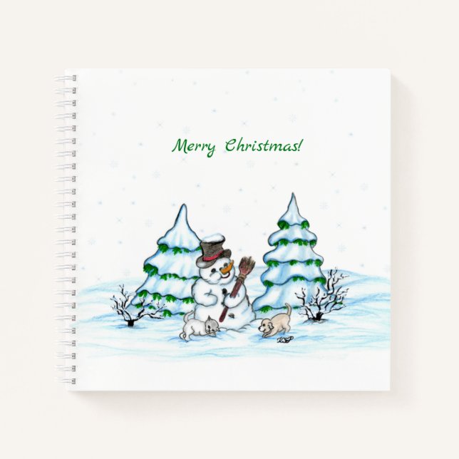 Carnet Joyeux Noël ! Bonhomme de neige avec chat et chiot (Devant)