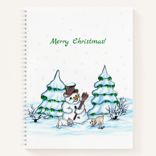 Carnet Joyeux Noël ! Bonhomme de neige avec chat et chiot (Devant)