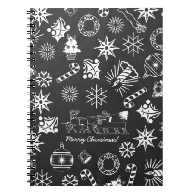 Carnet Joyeux Noël Père Noël Symboles, noir et blanc (Devant)