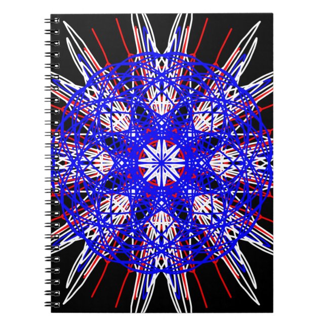 Carnet kaléidoscope mandala art noir rouge blanc bleu (Devant)
