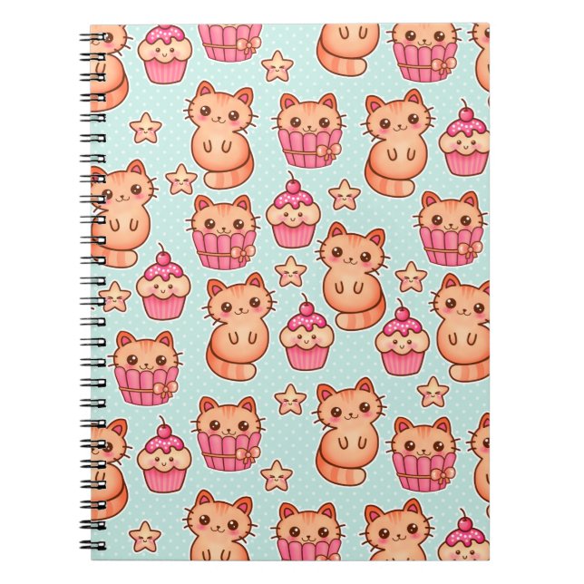 Carnet Kawaii Cute Cats Cupcakes Motif rose et bleu (Devant)