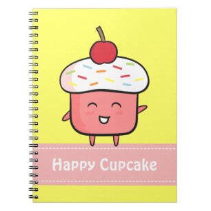 Carnet Kawaii et petit gâteau rose heureux avec la cerise