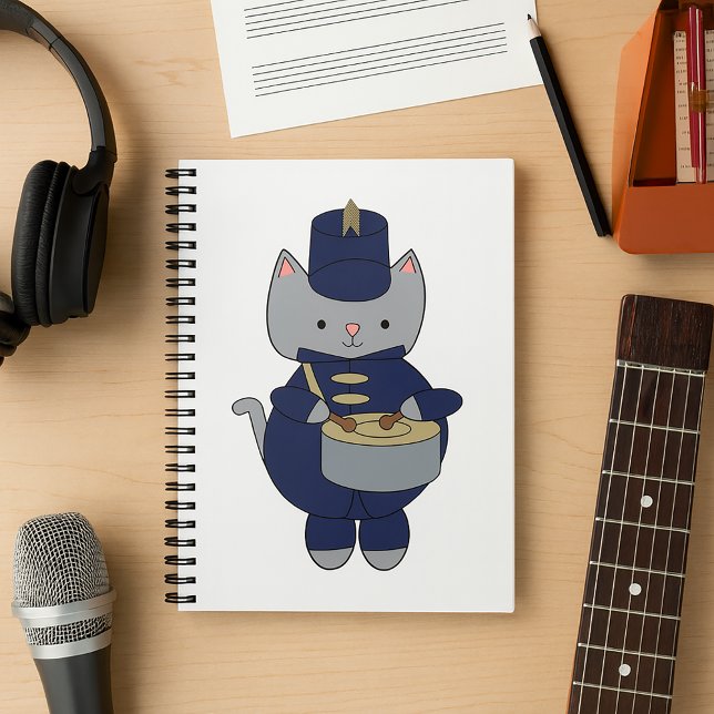 Carnet Kawaii Grey Cat Marching Band Drummer Illustration (A notebook featuring a gray cat playing drums in a navy blue & gold marching band uniform.)