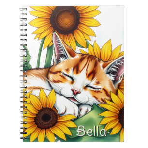 Carnet Kitteau mignon endormi et tournesols Personnalisé