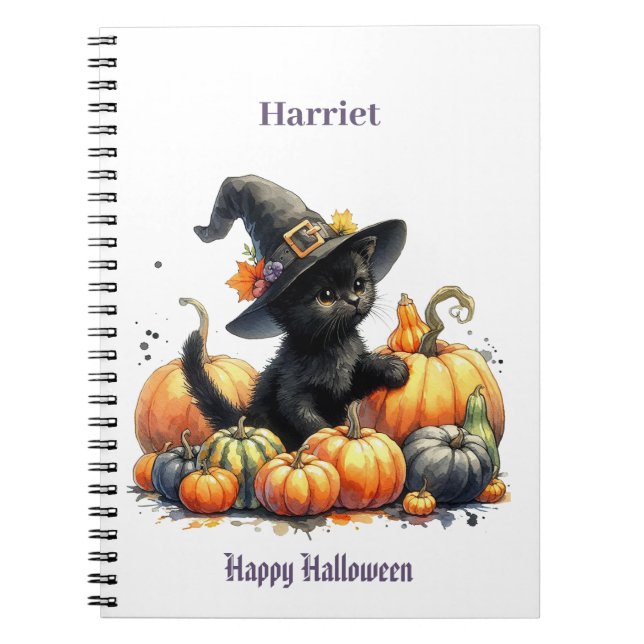 Carnet Kitten d'Halloween noir avec Citrouilles et Casque (Devant)