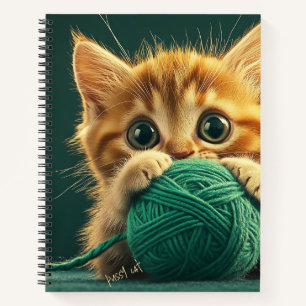 Carnet Kitten jaune jouant avec balle en laine verte