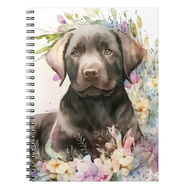 Carnet Labrador Retriever marron et fleurs à l'aquarelle (Devant)