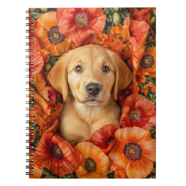 Carnet Labrador x Chiot doré collé dans des coquelicots (Devant)