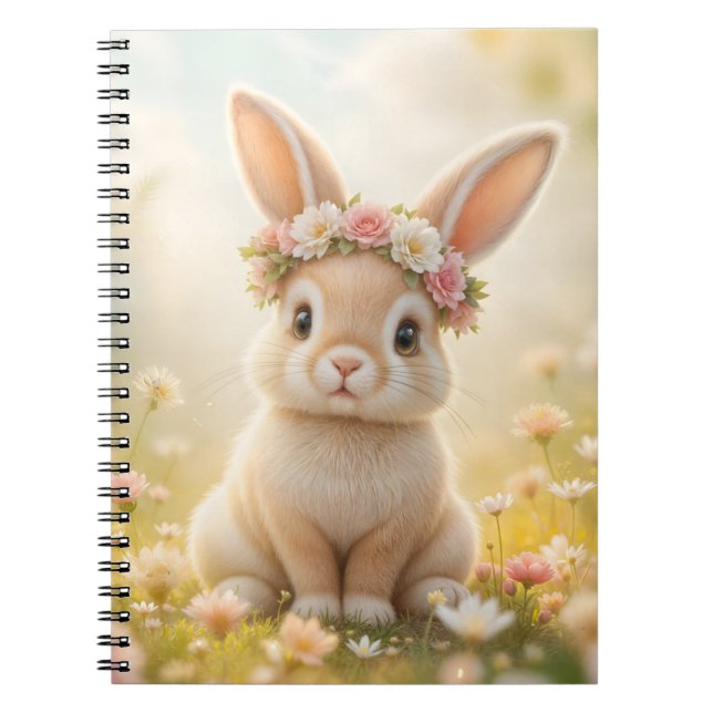 Carnet Lapin adorable avec une couronne de fleurs sur la  (Devant)