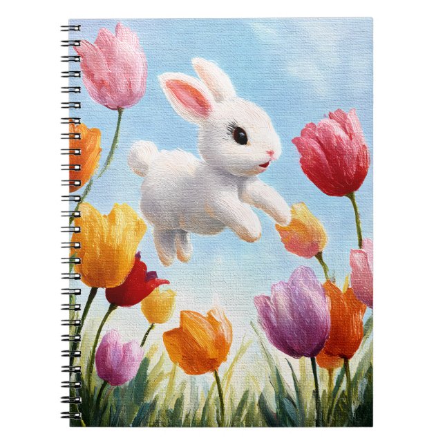 Carnet Lapin Blanc Heureux Art de Tulipe de Printemps (Devant)