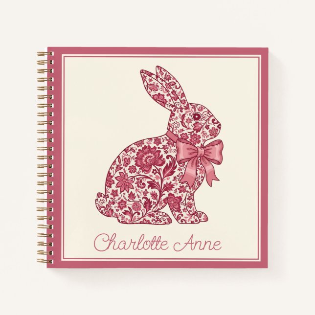Carnet Lapin en chinoiserie rose et crème (Devant)