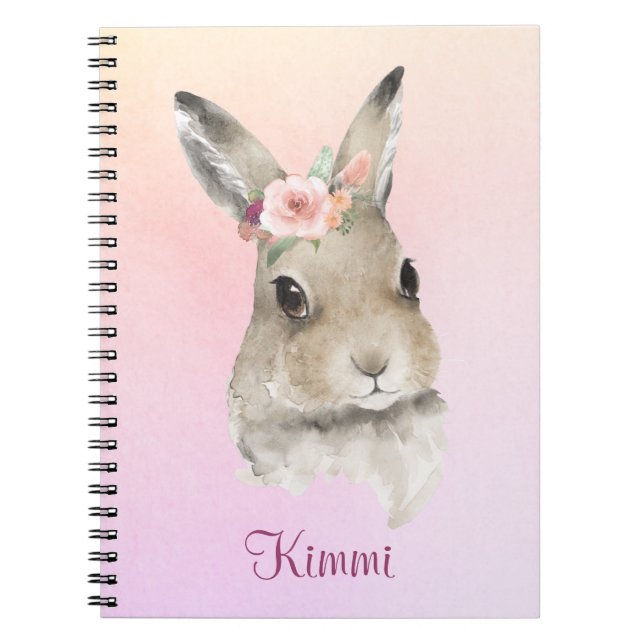Carnet Lapin Lapin Aquarelle rose Nom Floral Mignonne (Devant)