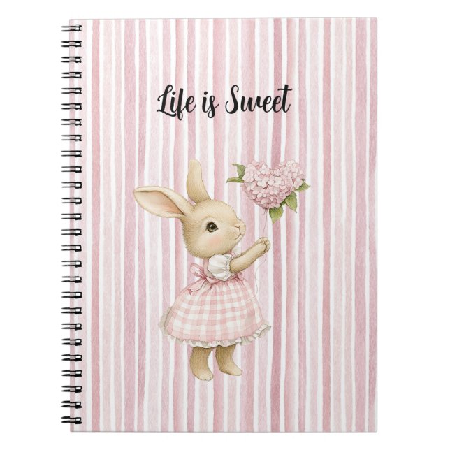 Carnet Lapin Rouge Clair Cœur Fleurs Ballon Rayures (Devant)