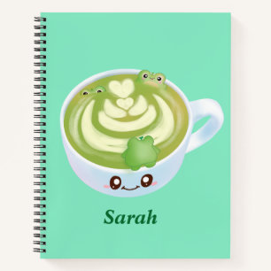 Carnet Latte De Thé Vert Matcha Chaud Avec Cute Frogs