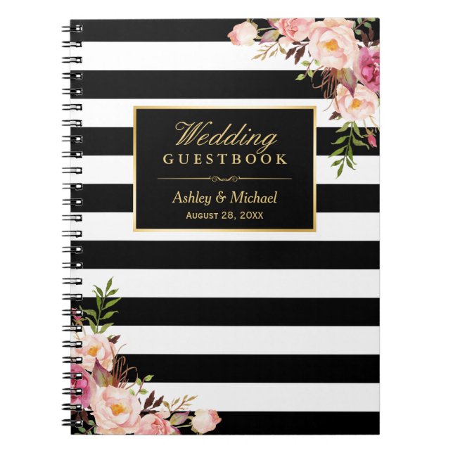 Carnet Le blanc noir barre le Guestbook floral de mariage (Devant)