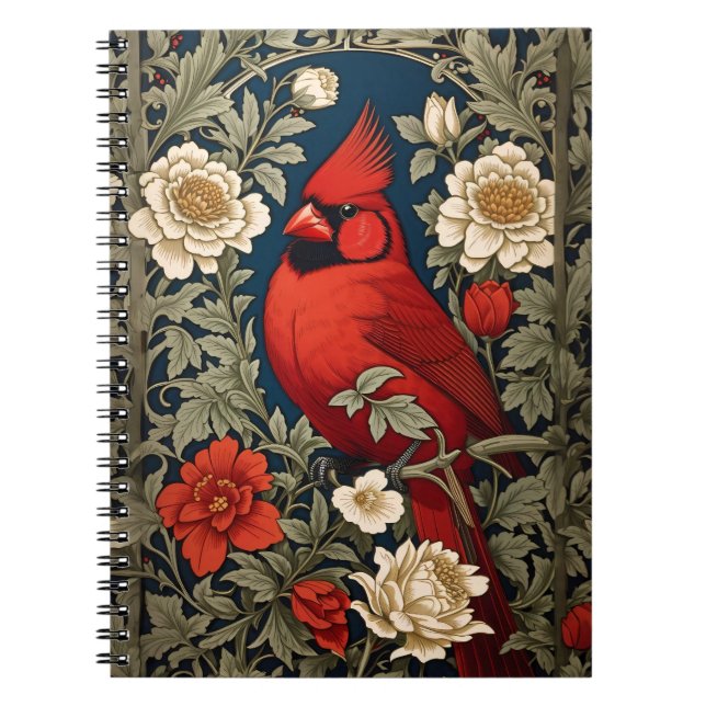 Carnet Le Cardinal du Nord Floral William Morris Inspiré (Devant)