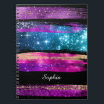 Carnet Le nom de Brush Strokes<br><div class="desc">Purple, or, rose et Blue Glitter et Stars Brush Strokes with DIY Name in white script on a black background. Makes a great venin.</div>