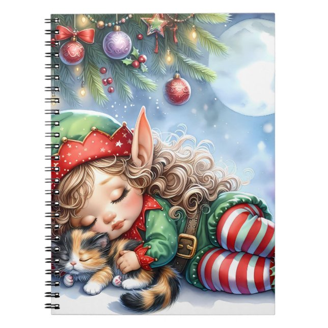 Carnet L'elfe de Noël endormi avec un chaton calicot (Devant)