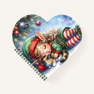 Carnet L'elfe de Noël endormi avec un chaton calicot