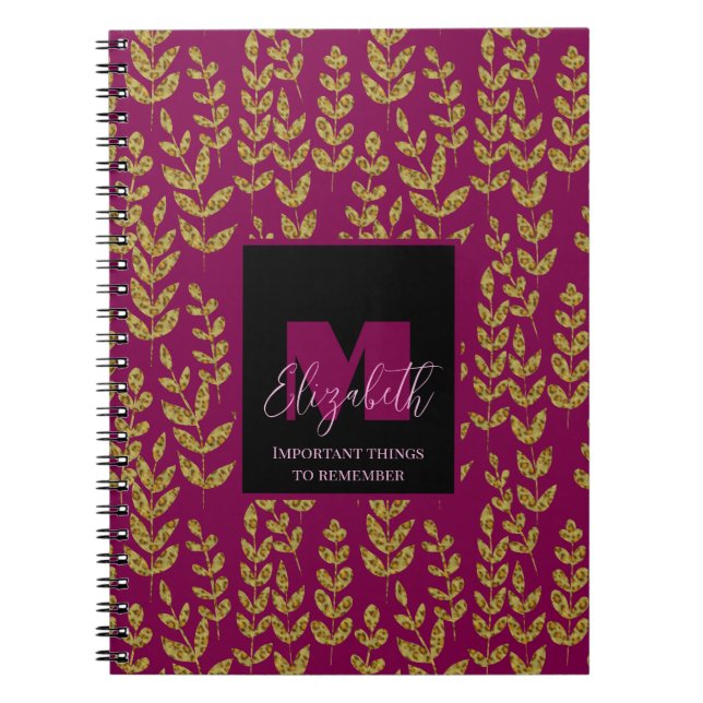 Carnet Léopard Botanique Vin rose Monogramme Nom personna (Devant)