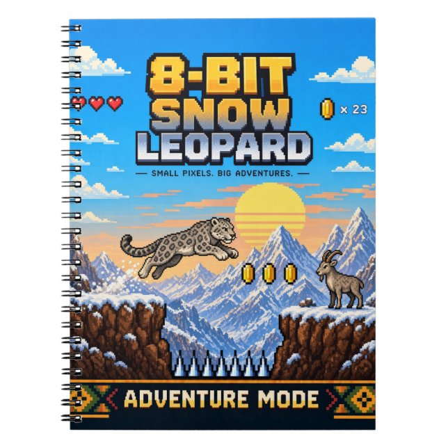 Carnet Léopard des neiges, Rétro Pixel Art 8-Bit (Devant)