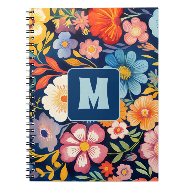 Carnet les années 70 60s Retro Floral Monogramme Bleu et  (Devant)