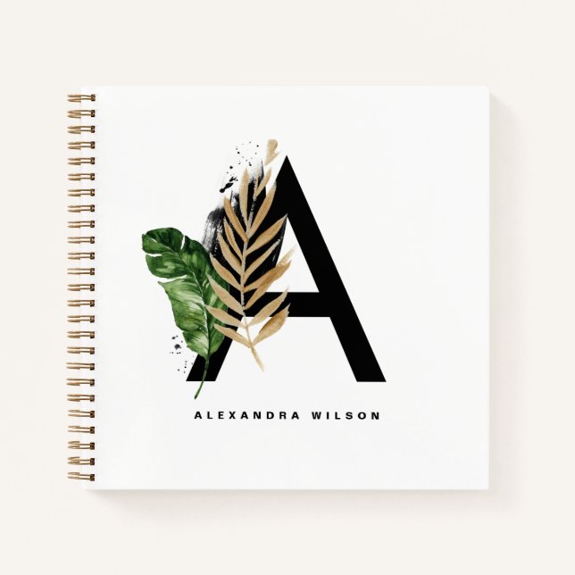 Carnet Lettre A Monogram Gold Foil Tropical Personnalisé (Devant)
