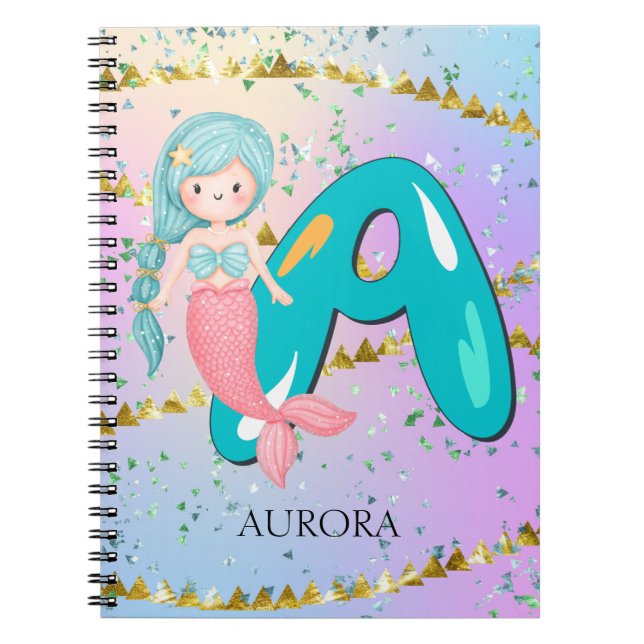 Carnet Lettre A Monogramme Aquarelle mignonne Sirène (Devant)