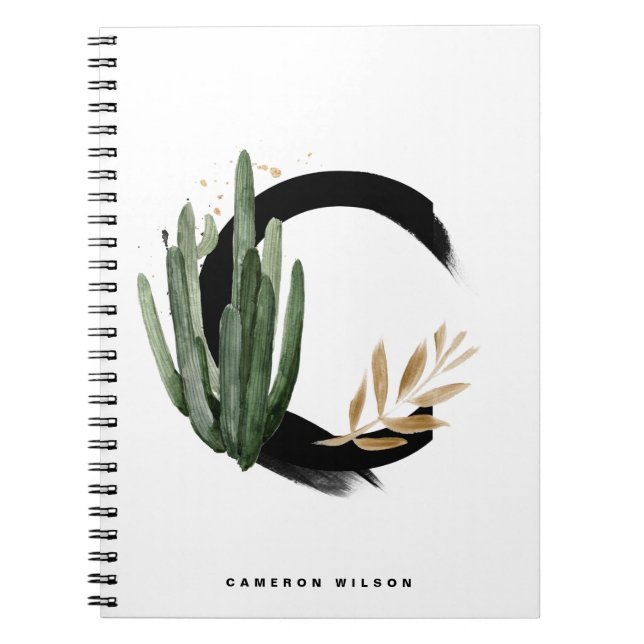 Carnet Lettre boho C Monogramme Aquarelle Tropical Cactus (Devant)
