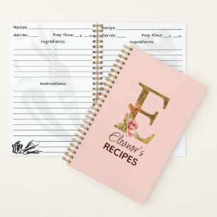Carnet Lettre de nom personnalisée E Roses roses blush or