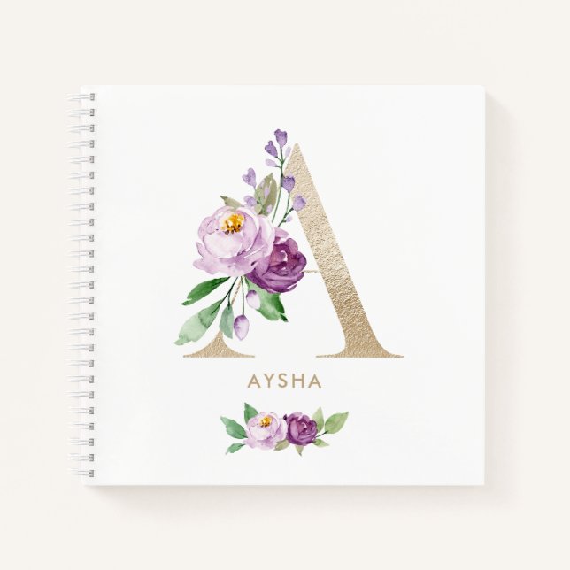 Carnet LETTRE D'HUILE D'OR Floral Beau Violet A Monogramm (Devant)