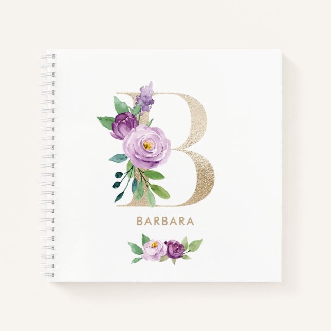Carnet LETTRE D'HUILE D'OR Floral Violet B Monogramme (Devant)