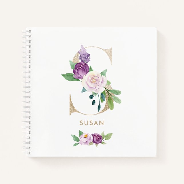Carnet LETTRE D'HUILE D'OR Floral Violet S Monogramme (Devant)