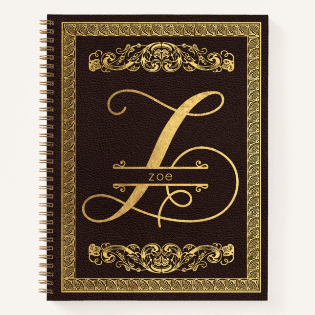 Carnet Lettre d'or Z & Nom sur le cuir Brown Monogramme (Devant)