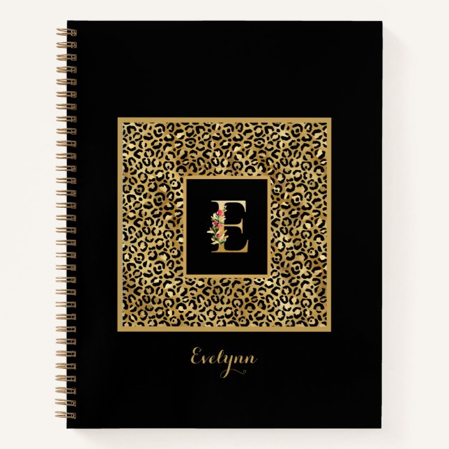 Carnet Lettre E de monogramme personnel Or Léopard Modern (Devant)