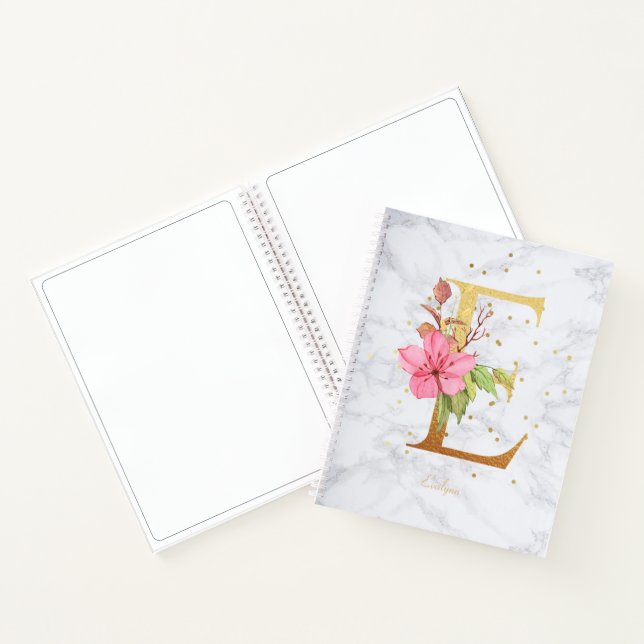 Carnet Lettre E Monogramme Doré Aquarelle Marbre Moderne (Intérieur)