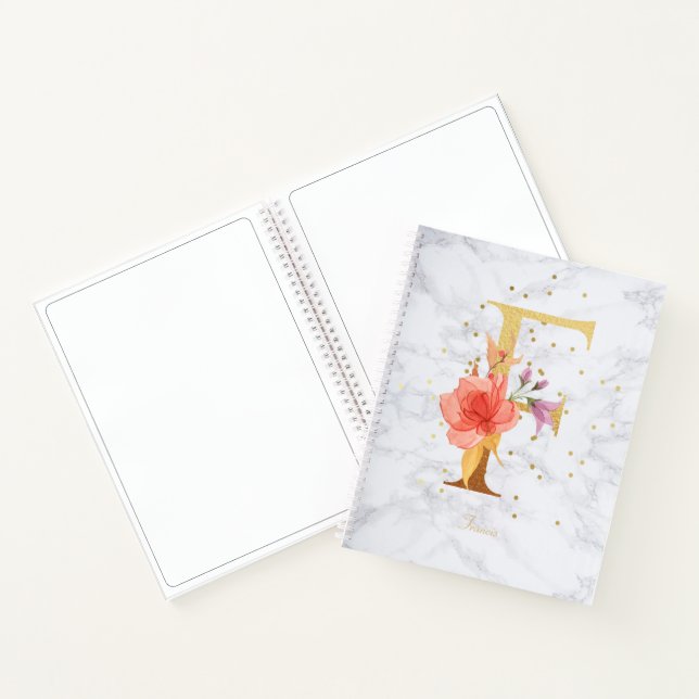 Carnet Lettre F Monogramme Doré Aquarelle Marbre Moderne (Intérieur)