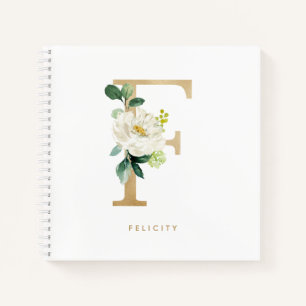 Carnet LETTRE Fleur blanche Faux or Fhuile F MONogramme