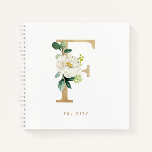 Carnet LETTRE Fleur blanche Faux or Fhuile F MONogramme (Devant)
