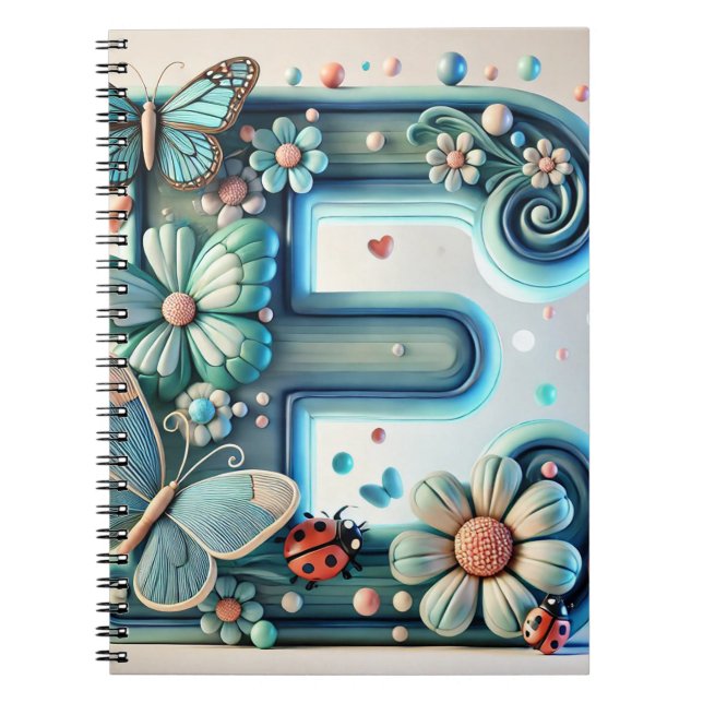 Carnet Lettre Florale Élégante E avec Papillons (Devant)