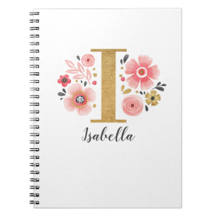 Carnet LETTRE I MONOGRAPHIQUE Florale D'OR Rose