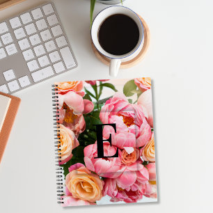 Carnet Lettre initiale personnalisée élégante E Roses Mon