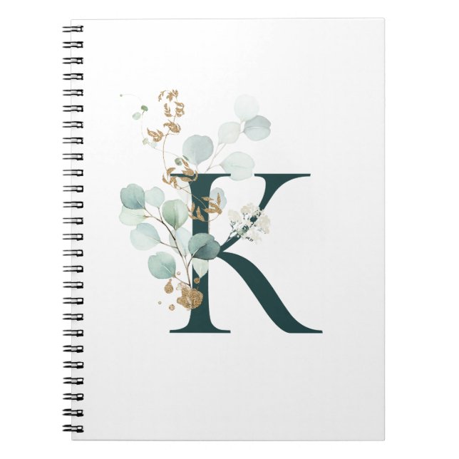 Carnet Lettre K Eucalyptus et or Monogramme (Devant)