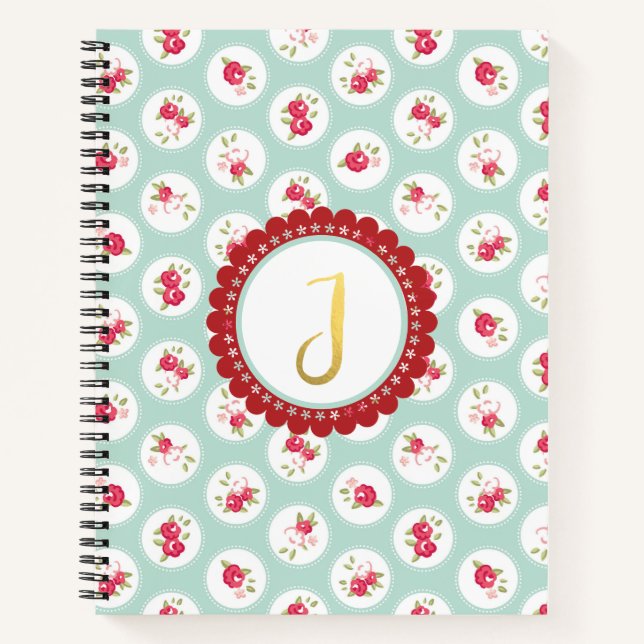 Carnet LETTRE MONogramme J Turquoise Rouge Pays Floral (Devant)