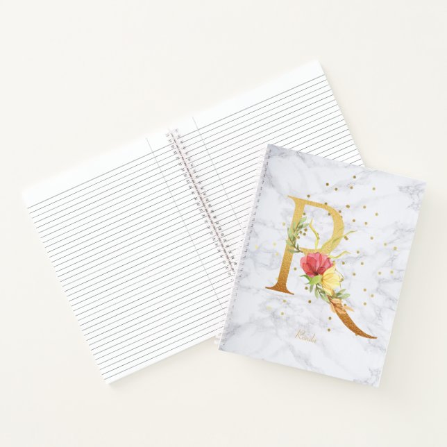 Carnet Lettre R monogramme doré aquarelle marbre moderne (Intérieur)