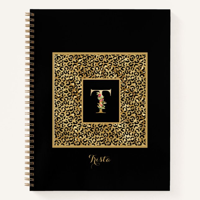Carnet Lettre T de monogramme personnel Or Léopard Modern (Devant)