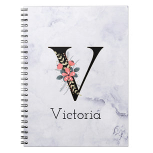 Carnet Lettre "V" Boho Floral Marbre blanc Monogramme