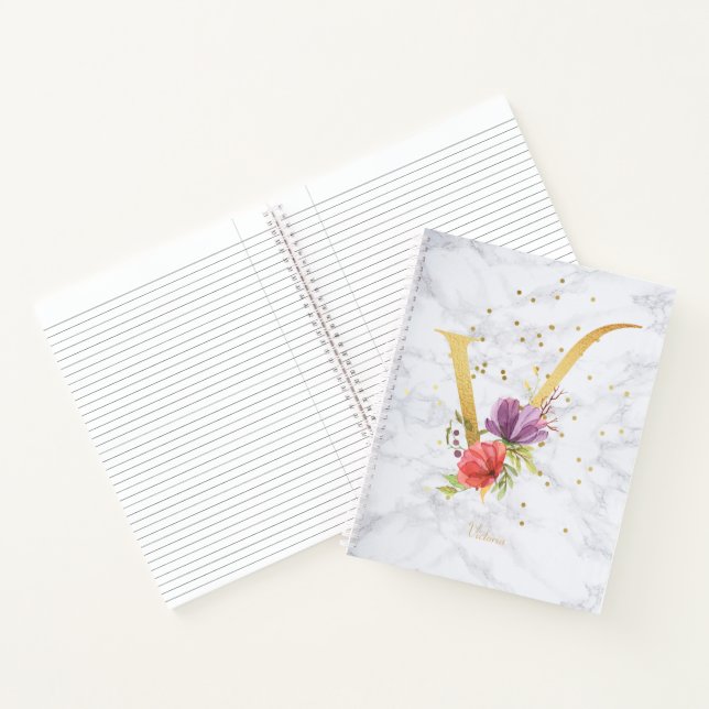 Carnet Lettre V monogramme doré aquarelle marbre moderne (Intérieur)